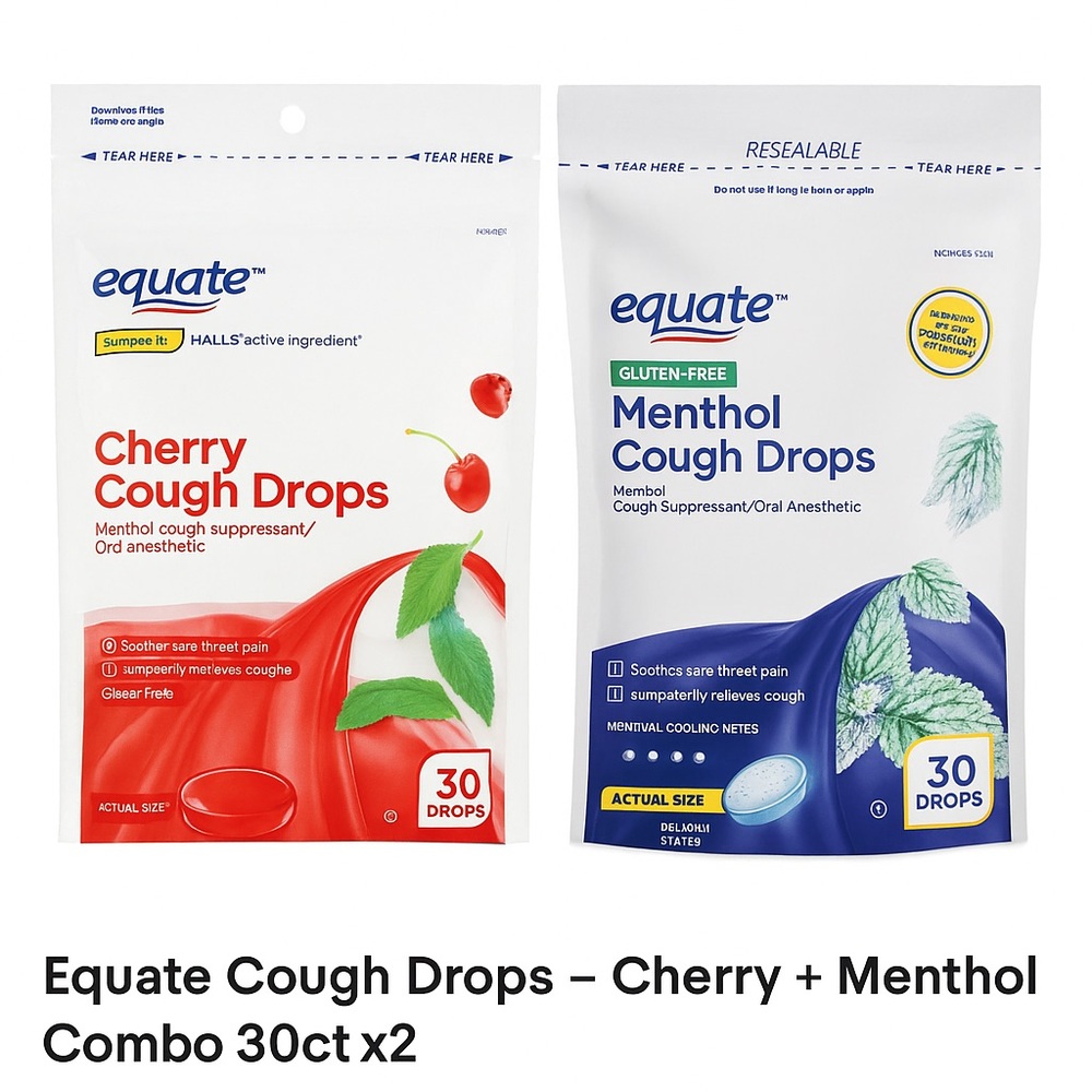 Equate Cough Drops Combo – Cherry & Menthol 30ct x2 Sealed Packs